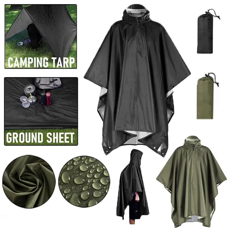 Emergency Poncho Rain - กลางแจ้ง 3 ใน 1 เสื้อกันฝนทหารมีฮู้ดแขนกันน้ำเสื้อกันฝนรถจักรยานยนต์ผ้าคลุมกันฝนแคมป์ปิ้งเดินป่าท่องเที่ยวเสื้อกันฝนเต็นท์
