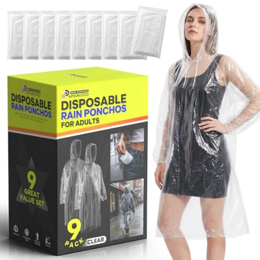 Emergency Poncho Rain - เสื้อกันฝนแบบใช้แล้วทิ้ง, แพ็คครอบครัว 6 ชิ้น/9 ชิ้น สำหรับผู้ใหญ่,
