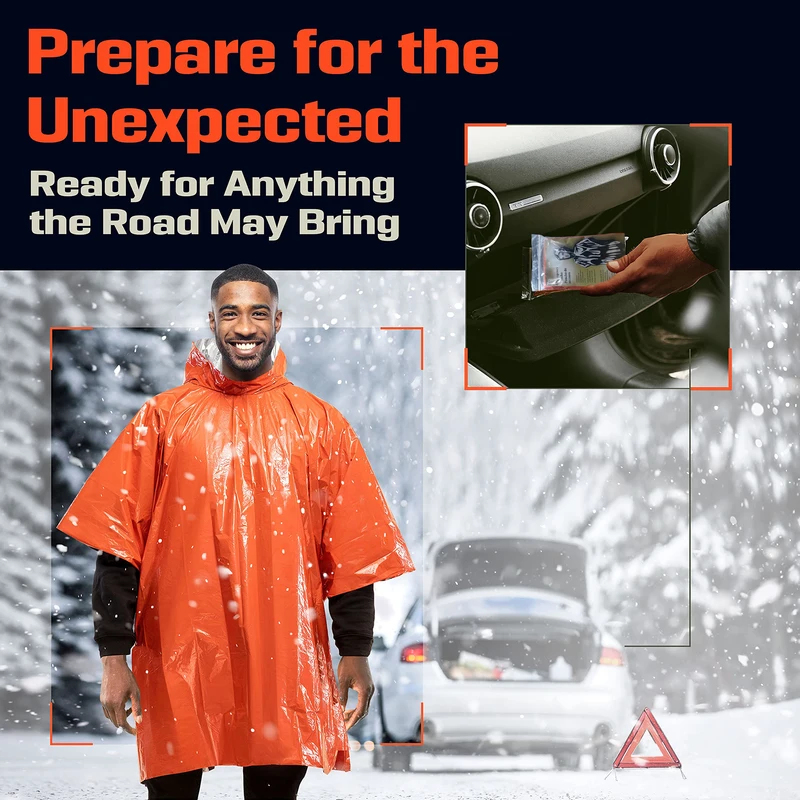 Emergency Poncho Rain - ผ้าคลุมกันฝนฉุกเฉินแบบมีฮู้ดเคลือบอลูมิเนียม ผ้าห่มกันน้ำ PE อุ่นสบาย สำหรับการตั้งแคมป์และกิจกรรมกลางแจ้ง