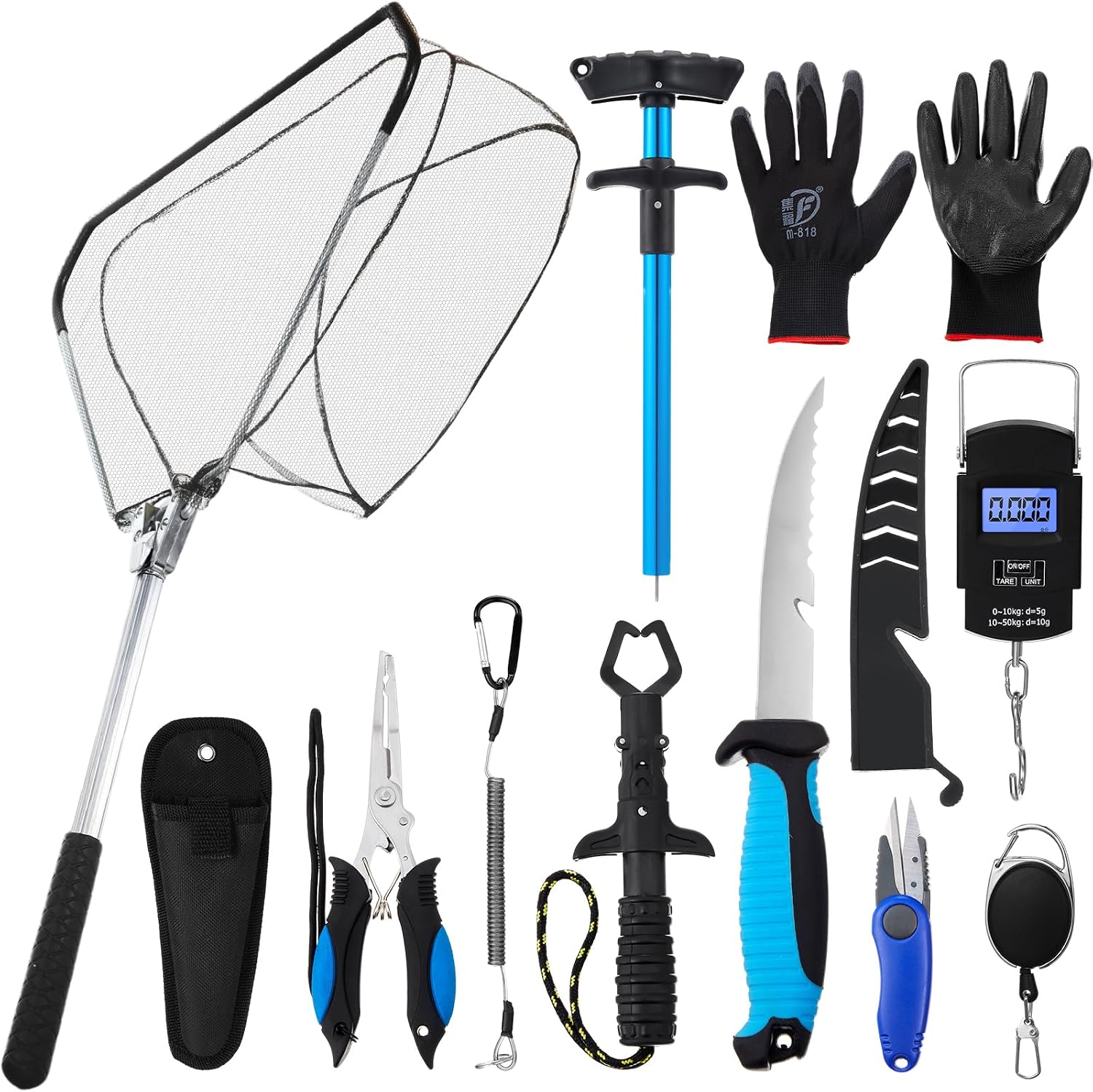 Multi Tool Plier - ชุดเครื่องมือตกปลาอเนกประสงค์ 10 ชิ้น ประกอบด้วยคีมตกปลาพร้อมสายคล้องและปลอกป้องกัน ตาข่ายดักปลา มีดแล่ปลา