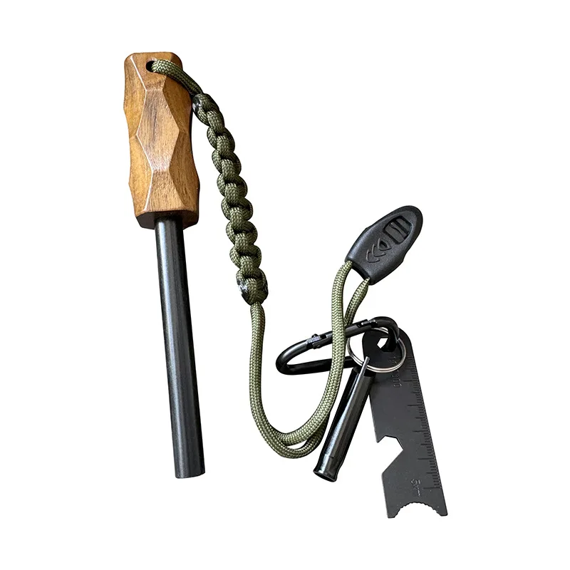 Magnesium Fire Starter - ที่จุดไฟแบบใช้หินเหล็กไฟกลางแจ้งแบบใหม่ พร้อมด้ามจับไม้ แท่งแมกนีเซียมกันน้ำ เครื่องมือเอาตัวรอดสำหรับการตั้งแคมป์และการเดินป่า